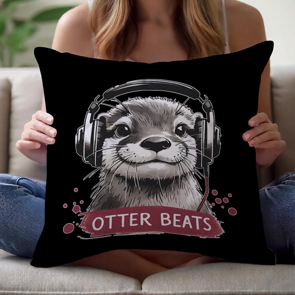 """Otter Beats"" Kissenbezug 2D-bedruckter Polyester-Sofakissenbezug – Süßer Otter mit Kopfhörern Musildekor 40x40cm"""