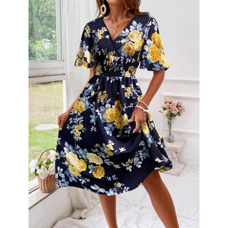 Floral Fairy Dress Elegant V-neck Short Sleeve Long Skirt Waist Cinching Large Size Seaside Vacation Temperament