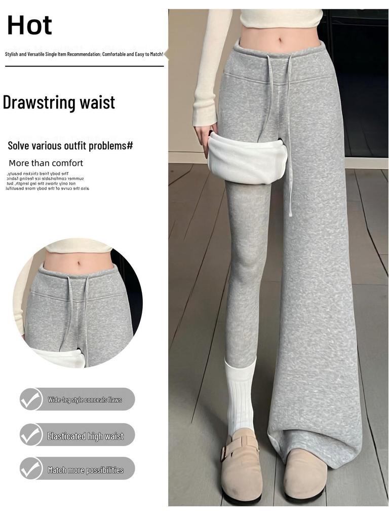 Light Gray Plus Velvet Wide-Leg High Waist Slimming Pants - Women's Autumn/Winter Japanese Korean Style