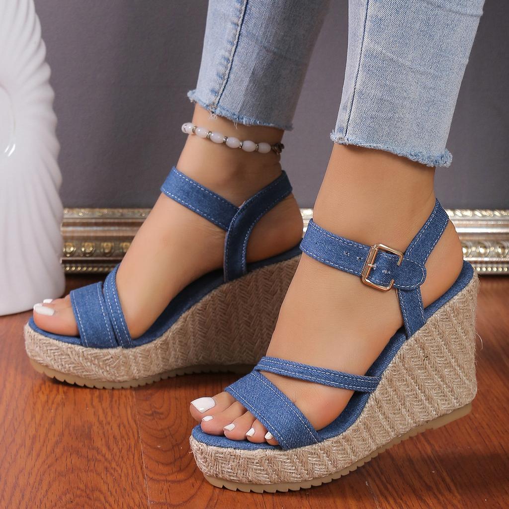 Fashion 2025 Summer NewPlus-size Wedge Sandal Lady Cowboy Simple Commuting Muffin Bottom Summer Slope with Sandals Women High Heels