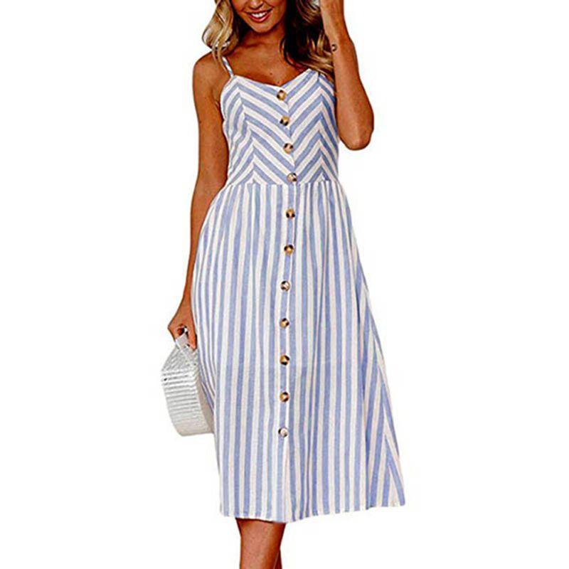 Elegante Abito Midi Estivo da Donna Boho con Spalline Sottili e Tasche a Bottone