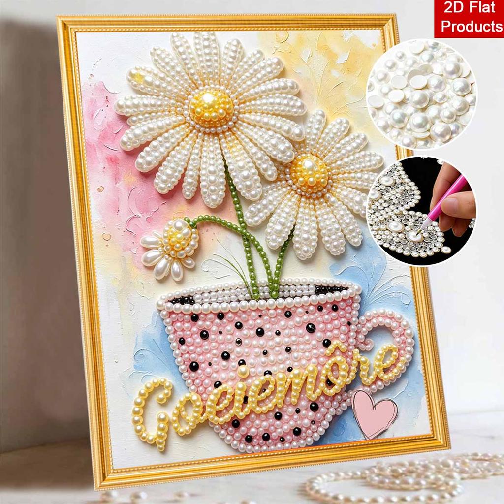 DIY Frameless Pearl Painting Kit Daisy Flowers in Teacup Design 3D Shiny Bead Art Canvas Relaxing Craft for Home Wall Decor Birthday Gift
