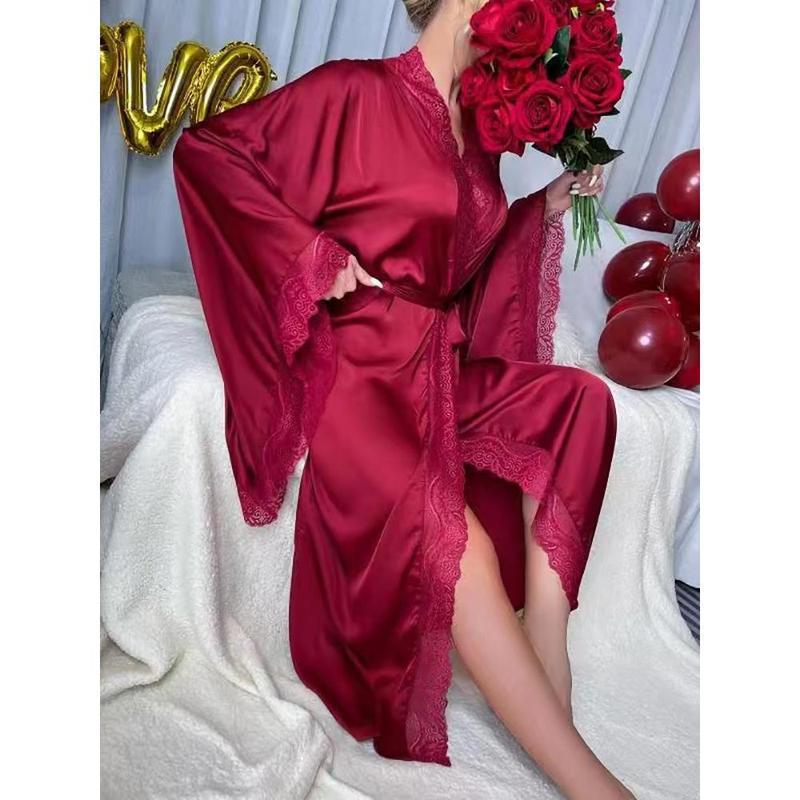 

Женская роскошная шелковая пижама с кружевом - Новая весенне-летняя коллекция L вино красного