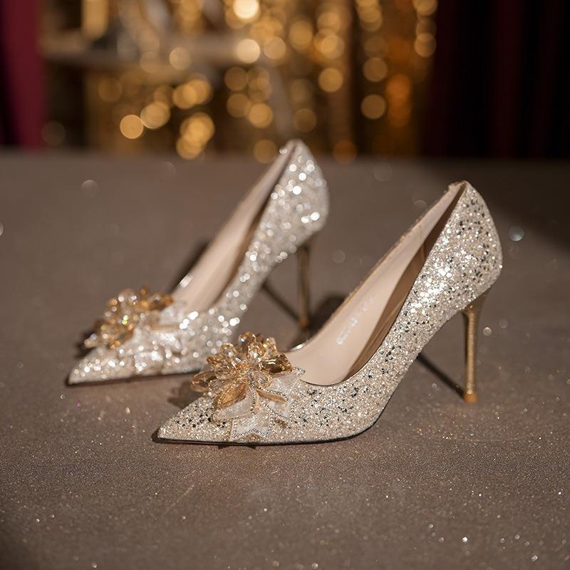 sequined Xiuhe wedding shoes banquet shoes luxury high heels women's high sense temperament women's shoes single shoes