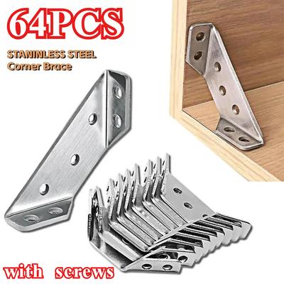 64pcs Corner Brackets Stainless Steel Furniture Angle Shelf Connector Cabinet Support Fixing Frame Corner Brace With Screws