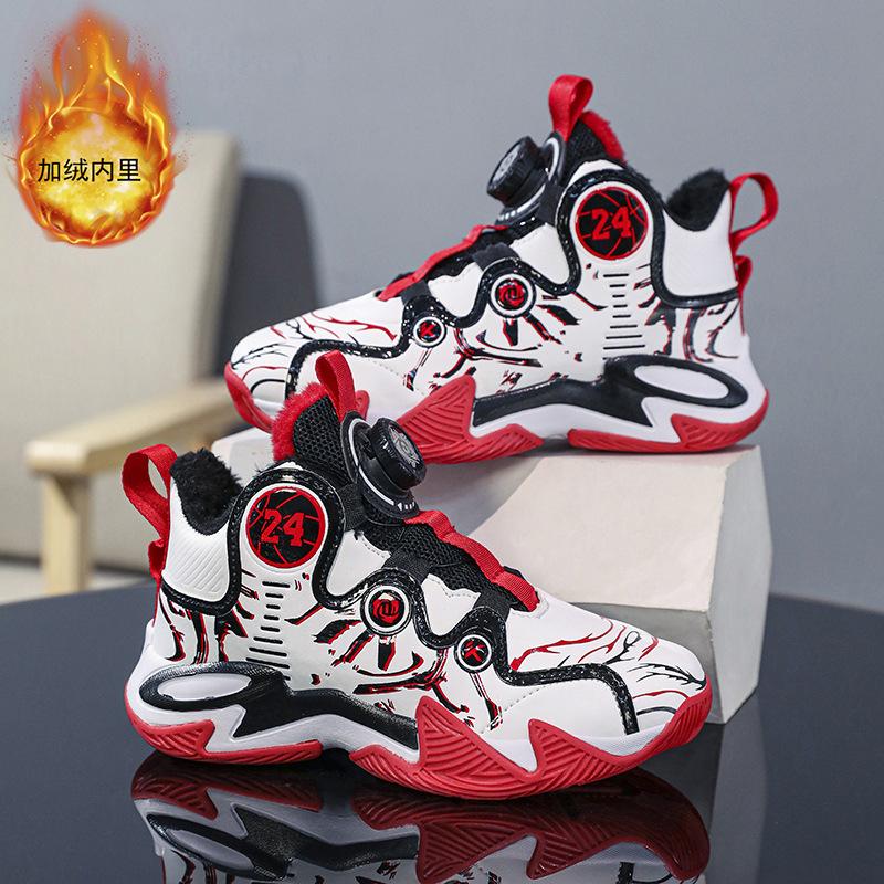 Children's basketball shoes winter new velvet large cotton thermal sneakers medium and older children's button leather sneakers running shoes