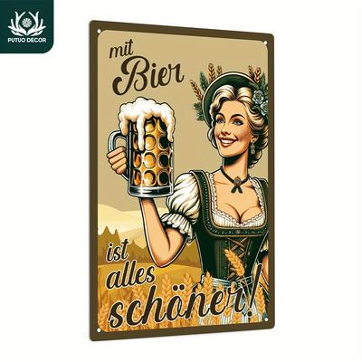Putuo Decor Vintage German "Mit Bier" Metal Tin Sign - Universal Seasonal Wall Art Decor for Home, Farmhouse, Club, Pub - Retro