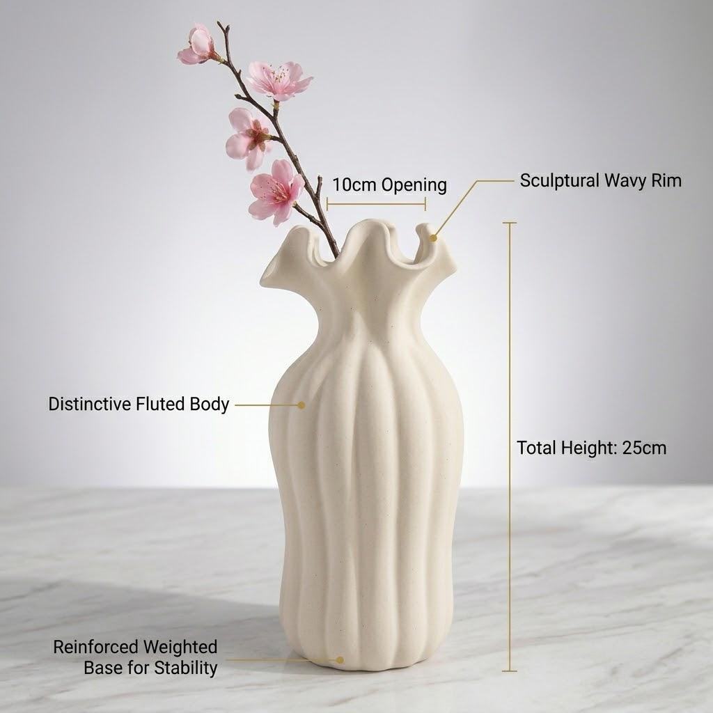 "Vaso Ondulato Scultoreo Artigianale – Decorazione in Ceramica Organica per Casa Minimalista Moderna"