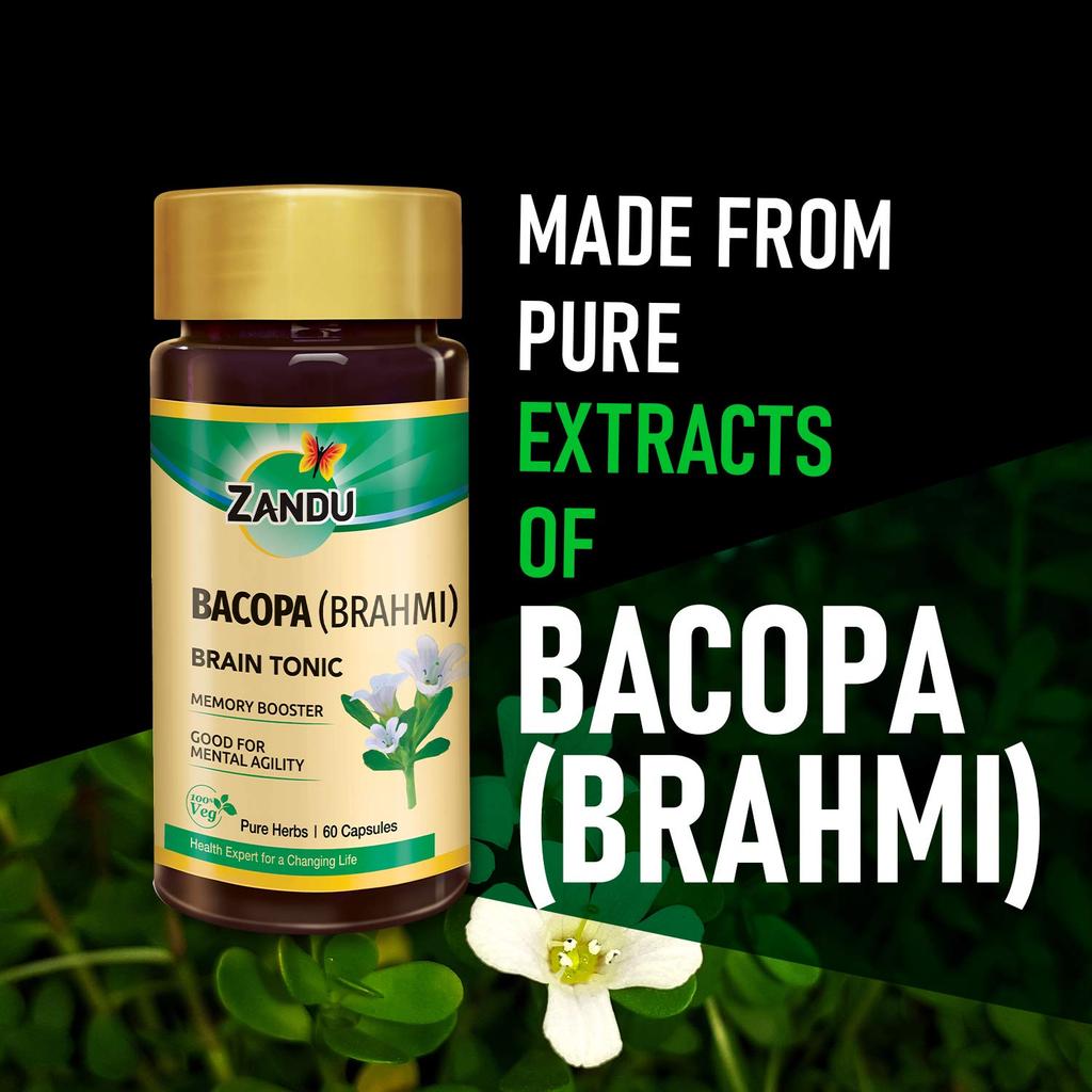 Zandu Bacopa Brahmi Capsules 60 Veg Ayurvedic Herbal Supplement for Focus, Concentration & Mental Clarity
