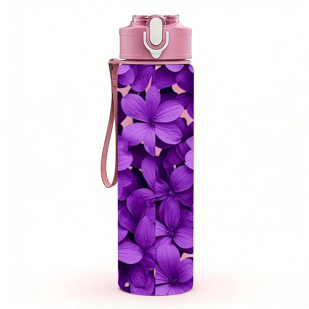 1PC Dense Purple Lilac Flower Cluster Print 750ml Color Plastic Sports Water Bottle Leakproof Flip Straw Lid Suitable for Sports Office Home Use