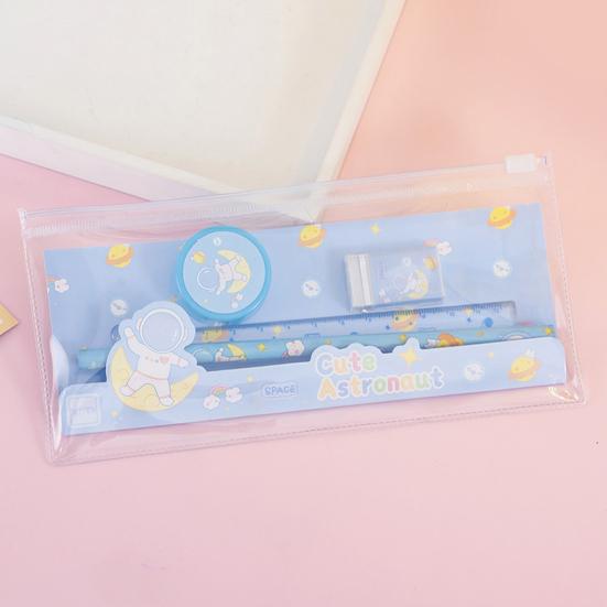 6Pcs/Set Kids Cartoon Stationery Set with 2 Pencils Eraser Sharpener Ruler Transparent Case Students School Supplies Classroom Prizes Gifts