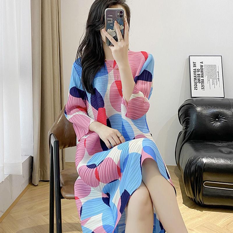 Women's Print Dress Summer Loose Pleated Plus Size Dress Long Cropped Sleeve Dress for Beach