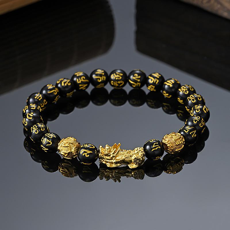 Chinese Style Pixiu Six-Character Mantra Obsidian Stone Beads Bracelet For Men Women Wristband Wealth And Good Luck Bracelet