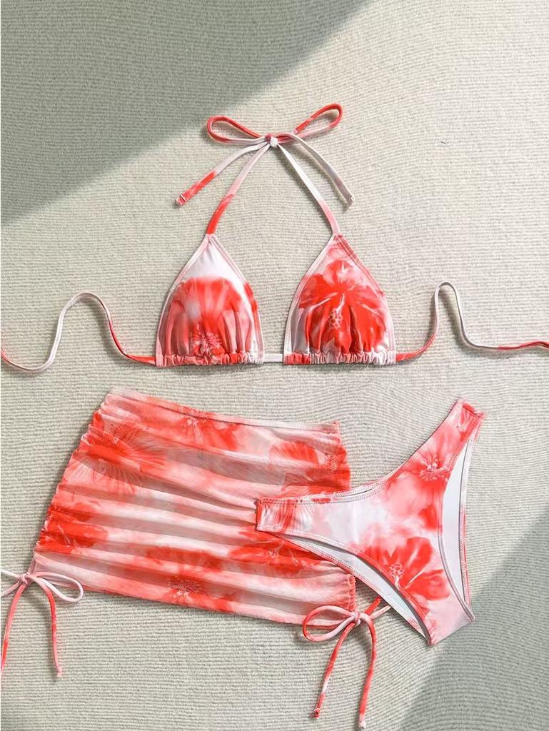 New printed split swimsuit three-piece women's blouse bikini sexy neck strap swimsuit