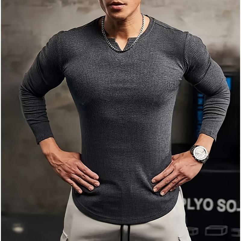 

Autumn and Winter Men s V-neck T-shirt Solid Color Casual Sports Fashion Long-sleeved Slim Top S серый