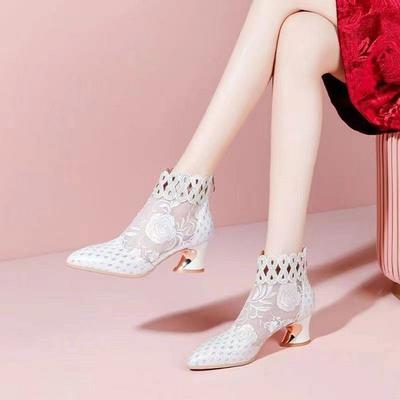 Hoge Hak 5.5cm Grote Maat 41 Witte Hoge Hak Mesh Coole Laarzen Dames Sandalen Kant Geborduurde Sandalen Puntige Dikke Hak Enkellaarsjes Dames