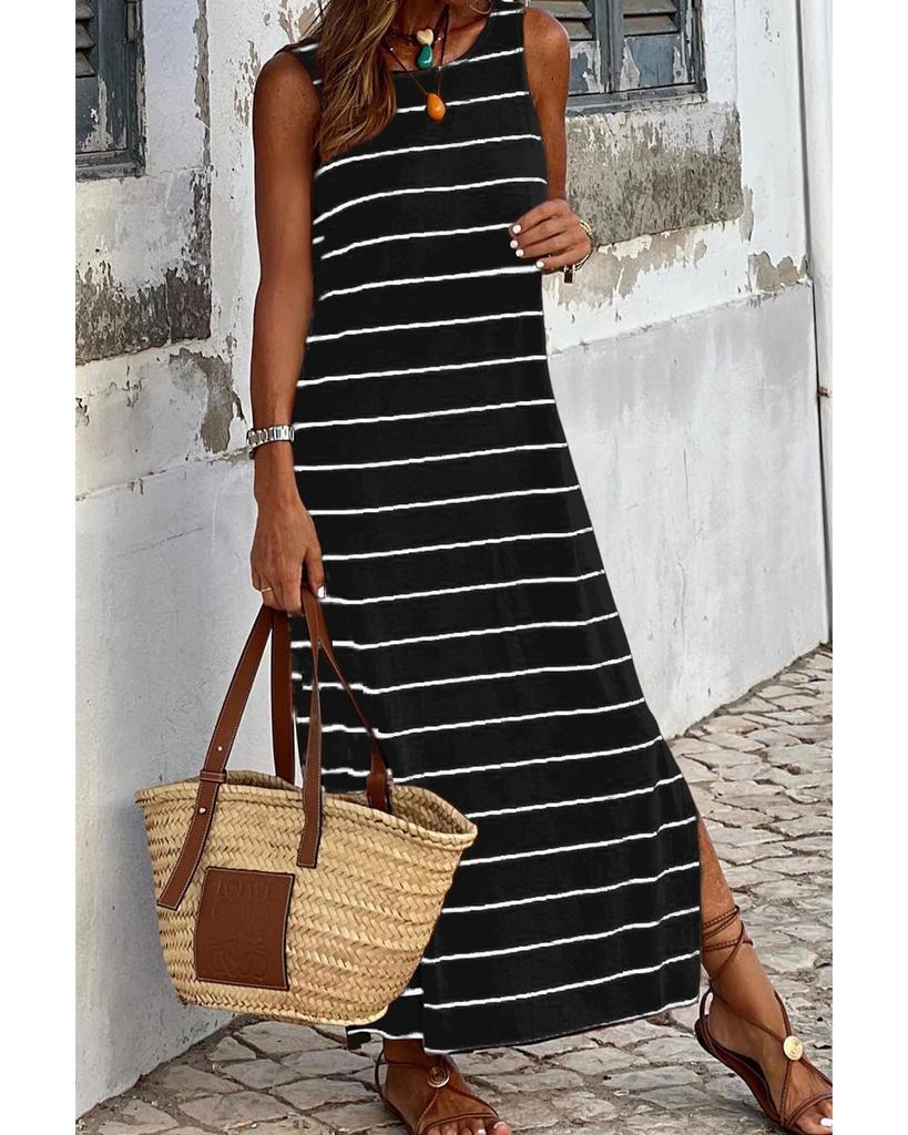 Azura Exchange Stripe Print Open Back Sleeveless Maxi Dress with Slits