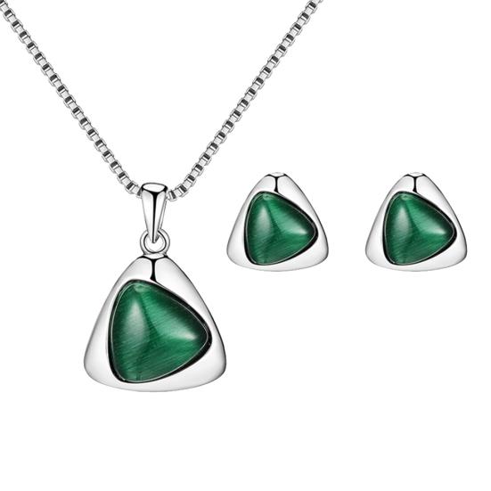 Women Faux Gemstone Triangular Pendant Necklace Ear Stud Earrings Jewelry Set