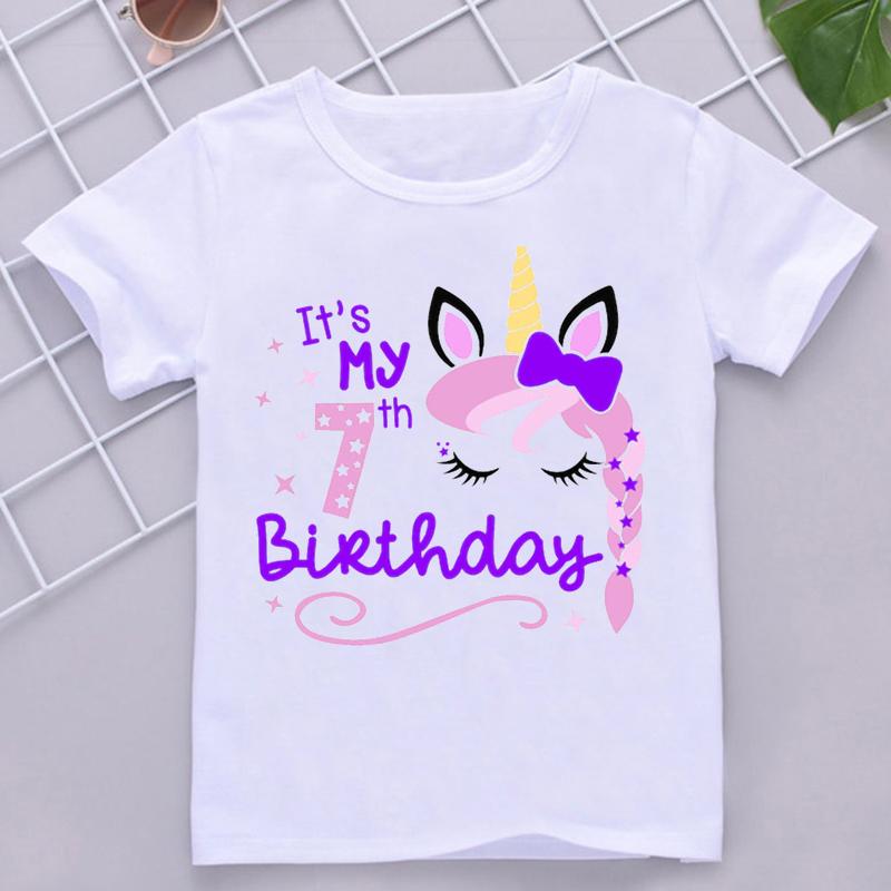 Kawaii Unicorn Face Eyelashes Number Tshirt It's My 3-9th Birthday T Shirt Kids Clothes Girl T-Shirt Short Sleeve T-Shirts