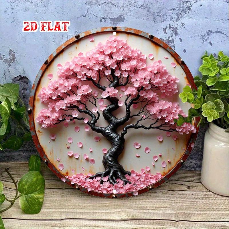 Vintage Japanese Cherry Blossom Metal Wall Decor Rustic Floral Round Sign with Pink Petals HeavyDuty Aluminum Easy Hang Home