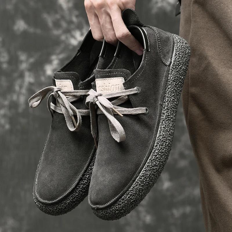 Fashion Casual Shoes Men Lace Up Sneakers Designer Flat Shoes Men Lace-Up Oxfords Cow Suede Leather Fashion Round Toe Casual Shoes Men