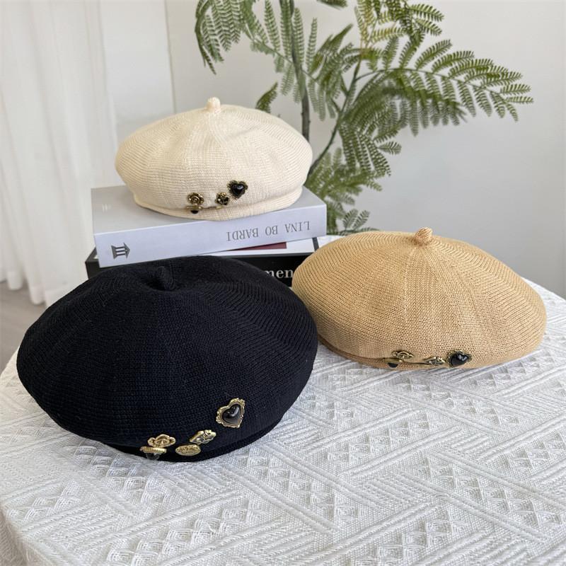Elegant Japanese Style Oversized Button Decor Beret Hat Women's Fashionable Hollow Breathable Eight-panel Beret