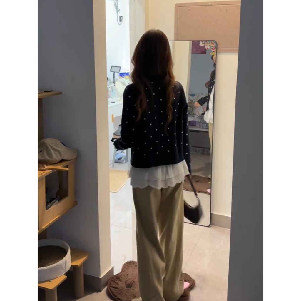 Age reduction chic contrasting fake two-piece knitted cardigan women's spring and autumn casual lazy single-breasted top sweater jacket