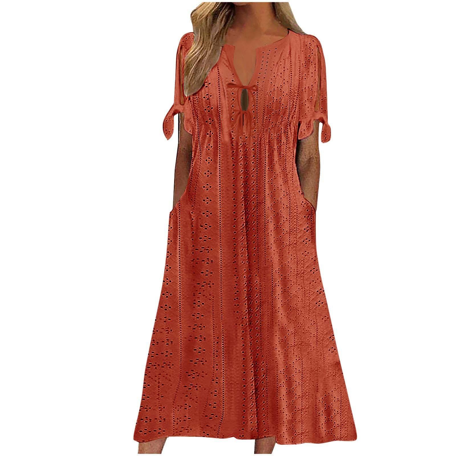 

Women s Fashion Casual Solid Color V Neck Off Shoulder Short Sleeve Pocket Dress XL червоний