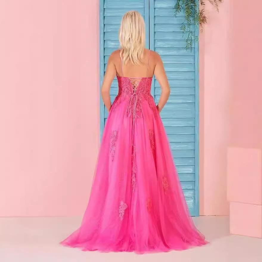 Evening Dress French Suspender Long Lace Fluffy Ball Dress Back Strap Dress Long Dress
