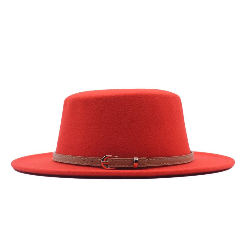 Hat Women's Woolen Top Hat Autumn and Winter Solid Color Retro Gentleman British Style Flat Top Belt Accessories Felt Hat