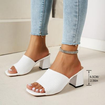 Damen-Strick-Sandalen mit quadratischer Zehenpartie, Einzelriemen und Blockabsatz, Modische Sommer-Slides