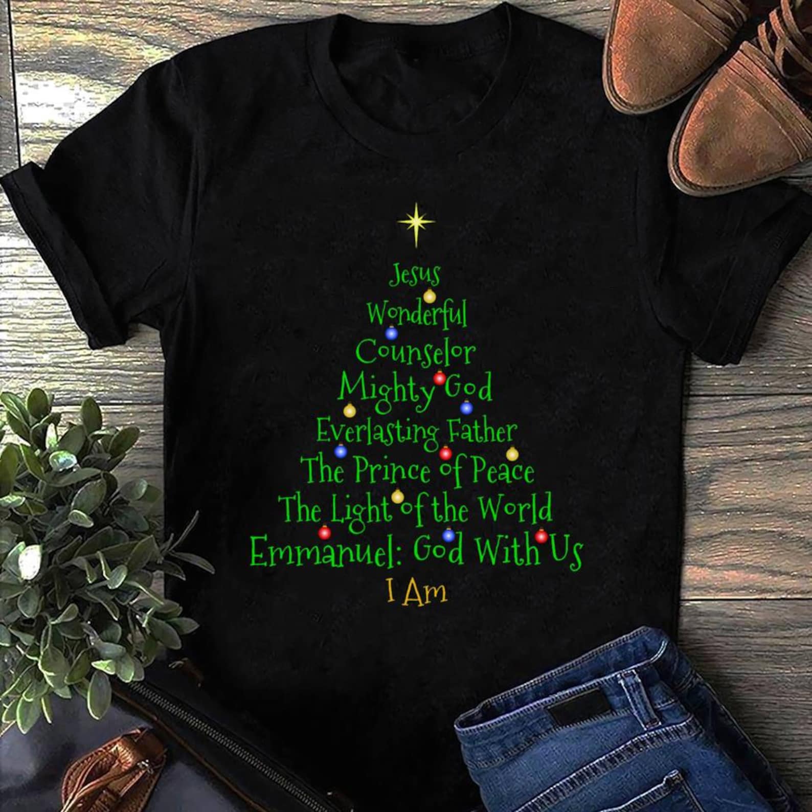 Christian Christmas Shirts Bible Names Of Jesus Tree Shaped Jesus God Christian T-Shirt 3XL