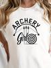 Women's Archery Graphic T-Shirt - Short Sleeve Crew Neck Casual Top with Bold "ARCHERY" & Curved Bow Print, Medium-Stretch Machine-Washable Fabric,