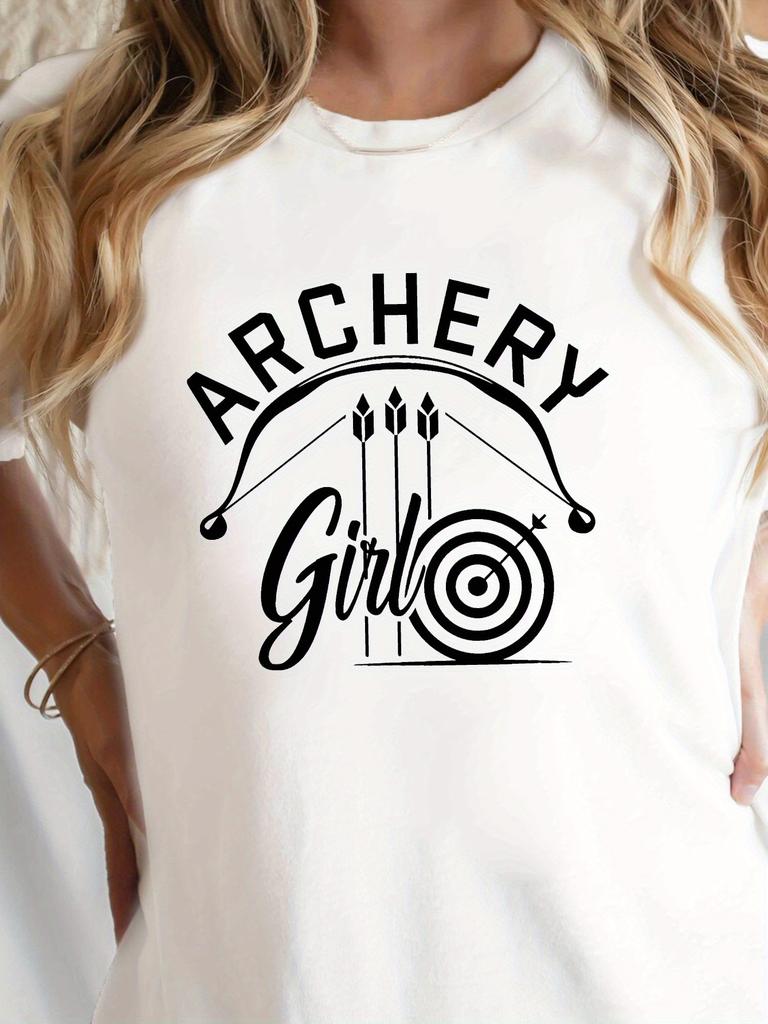 Women's Archery Graphic T-Shirt - Short Sleeve Crew Neck Casual Top with Bold "ARCHERY" & Curved Bow Print, Medium-Stretch Machine-Washable Fabric,