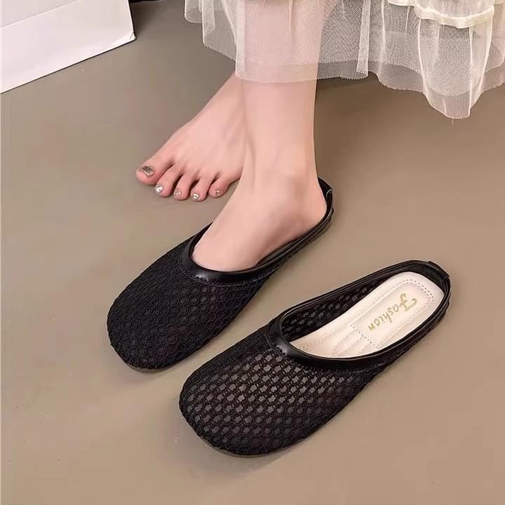 Large Size Women's Shoes Niche Design Sense Fishing Net Rhinestone Breathable Bag Head Half Slippers Women's Skirt Flat Bottom Square Head Sandals