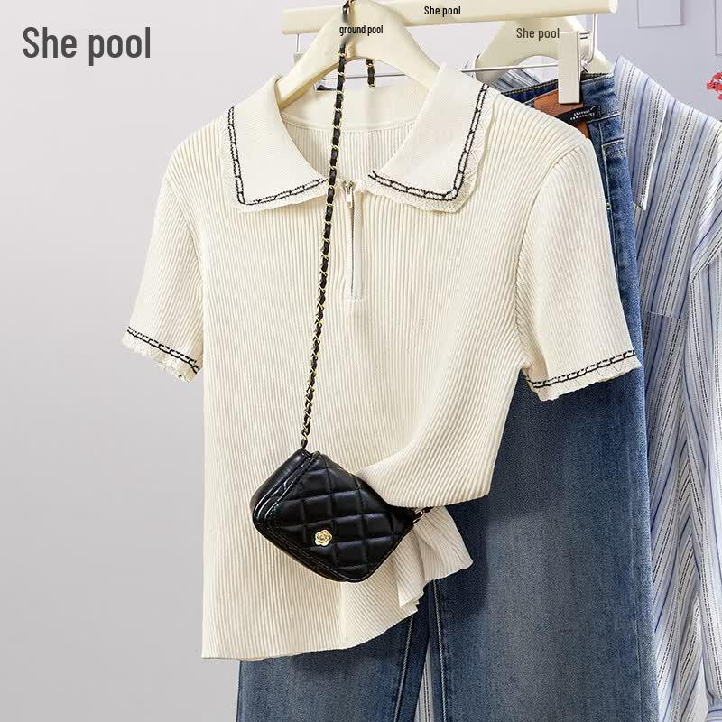 Women s Sweet Style Lapel Knit Ice Silk T-shirt One Size