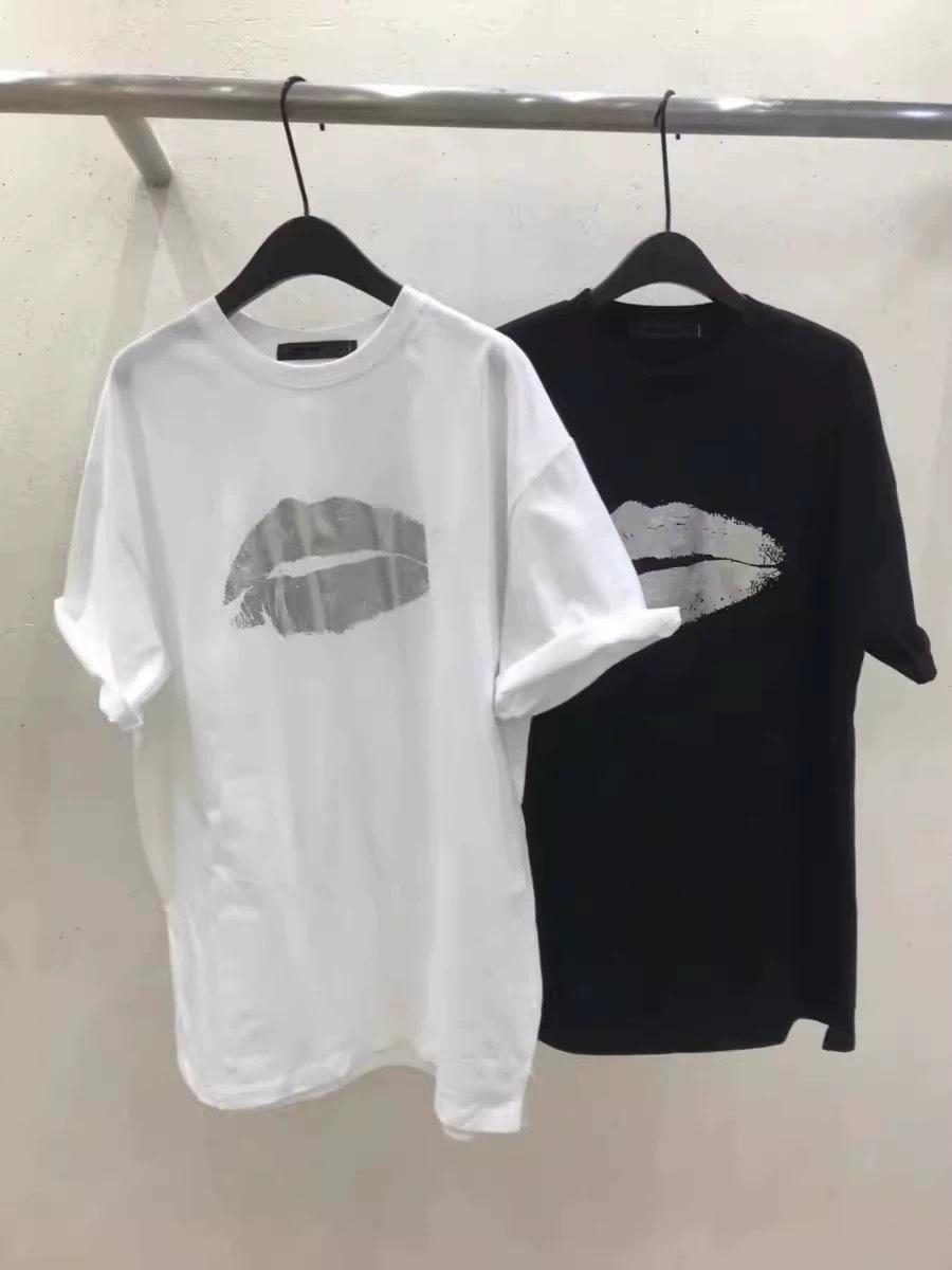 Women s Plus Size Cotton Lips Print Loose Short Sleeve T-Shirt L чёрный