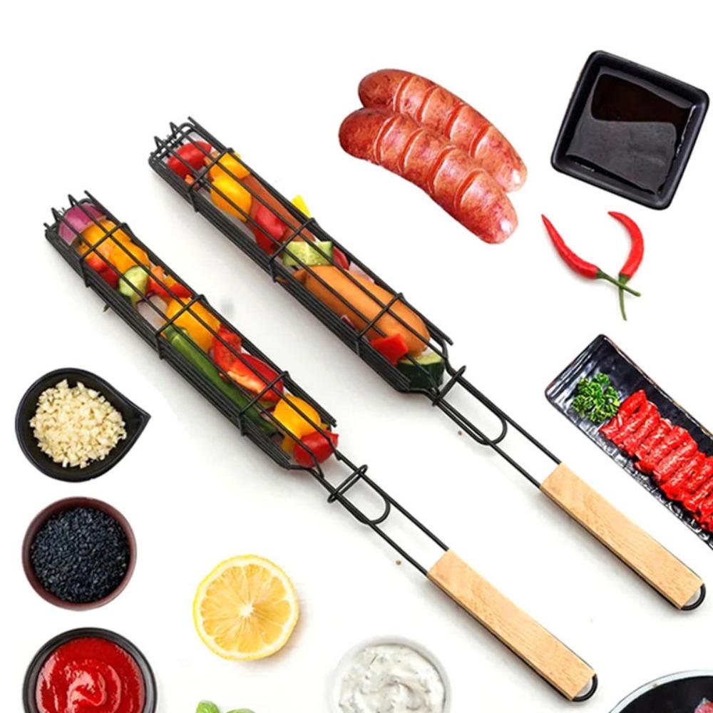 Camping Grillrost Faltbarer BBQ Grillkorb Robuster Antihaft-Netzrost Holzgriff Zubehör für Würstchen Fisch Gemüse BBQ