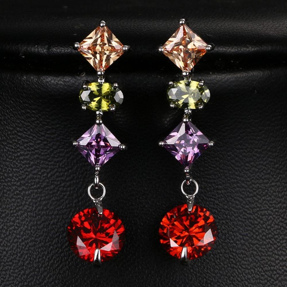 Colorful Cubic Zirconia Long Drop Earrings, Luxury Geometric Crystal Earrings, Elegant Evening Party Jewelry Gift