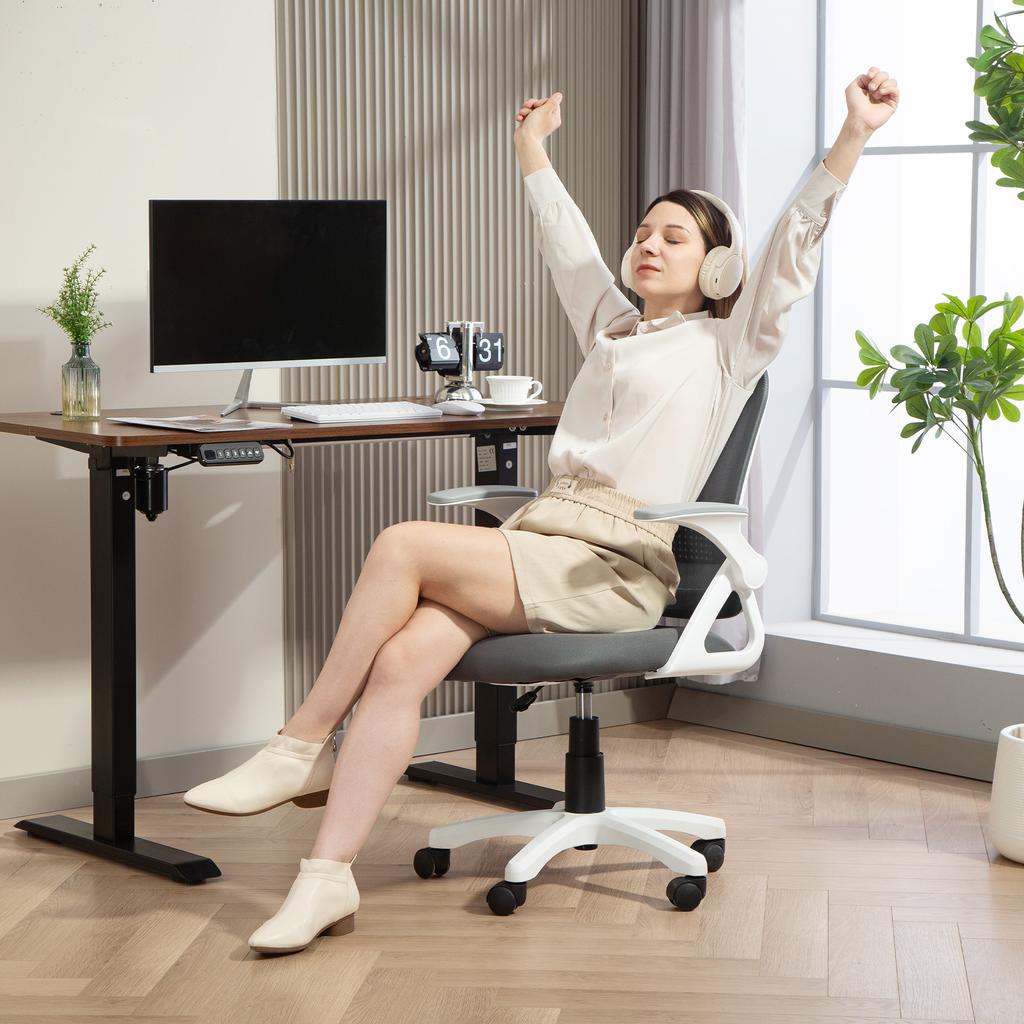 Breathable Mesh Office Chair, Ergonomic Swivel Chair with Folding Armrests and Lumbar Support, Grey