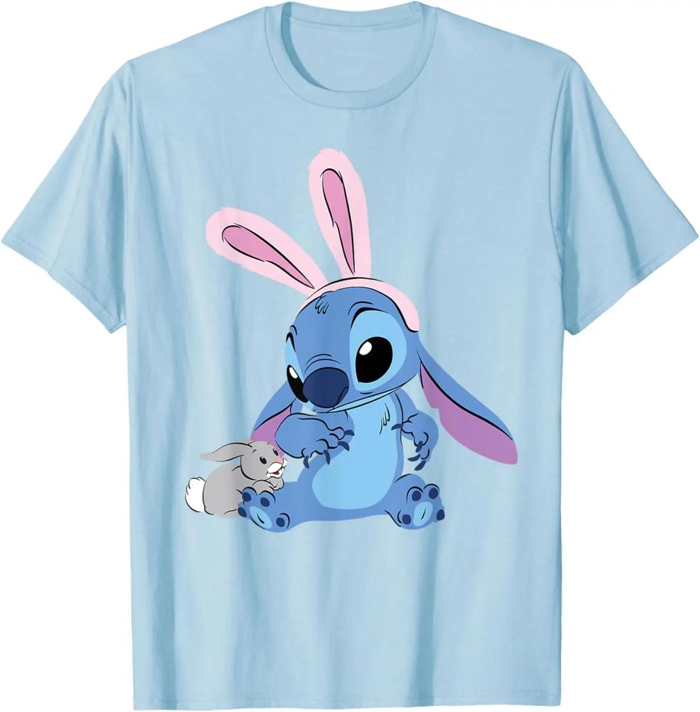 Hot Fashion Casual Disney Stitch in Easter Bunny Costume with Cute Fuzzy Friend T-Shirt S-4XL Summer