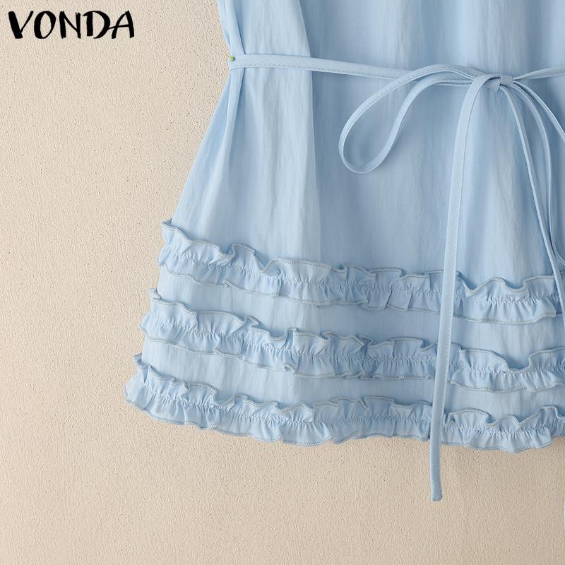 VONDA Women Summer Short Sleeve Lace-up Waist Ruffled Hem Casual Blous