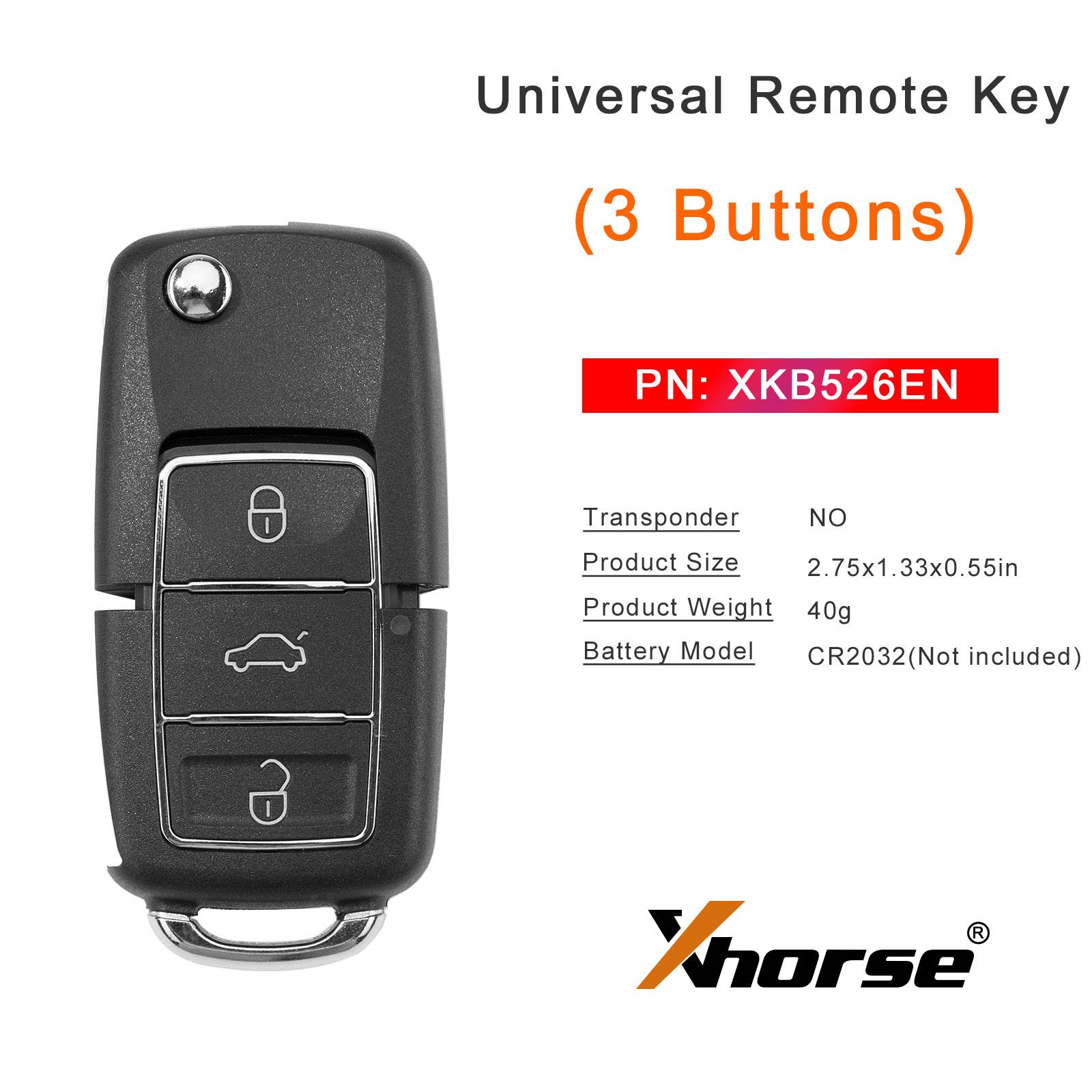 

Xhorse Universal Wired Remote Key with 3 Buttons XKLKS0EN/XKHY05EN/XKHO02EN/XKB520EN/XKA600EN Work With VVDI Key Tool XKB526E