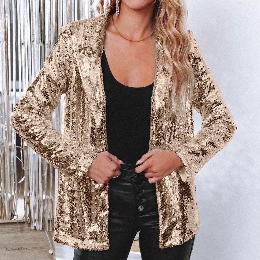 Mini Blazer New Commute Style Open-Collar Long Sleeve Sequined Casual Blazer Jacket for Women