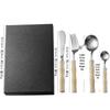 Bamboo Handle Stainless Steel Cutlery Set: Steak Knife, Fork & Dessert Spoon in Gift Box.