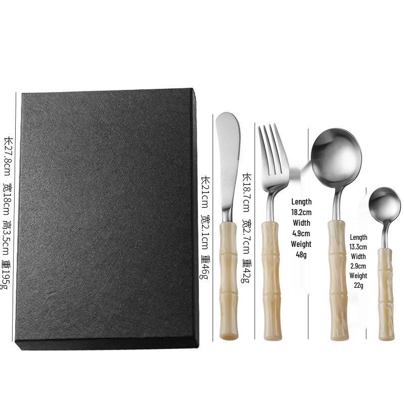 Bamboo Handle Stainless Steel Cutlery Set: Steak Knife, Fork & Dessert Spoon in Gift Box.