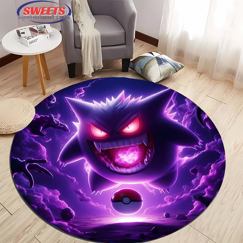 Pokemon Gengar Druck Runder Teppich, Kinderzimmer Bodenmatte Rutschfest Wohnzimmerteppich, Waschbarer Teppich für Heimdeko Geschenk Potdemiel