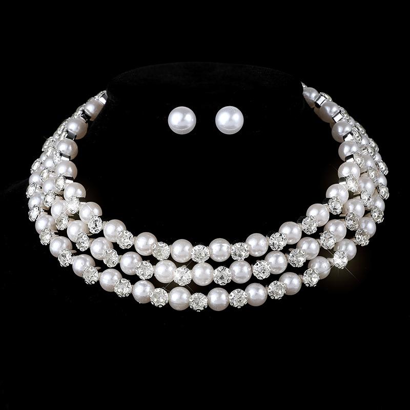 Imitation Pearl Necklace Earrings Bridal Wedding Pearl Rhinestone Neck Chain Stud Earrings Set Jewelry Women