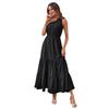 New European American Style Women's Solid Color Maxi Dress, One Shoulder Sleeveless, Flowy Pleated Hem