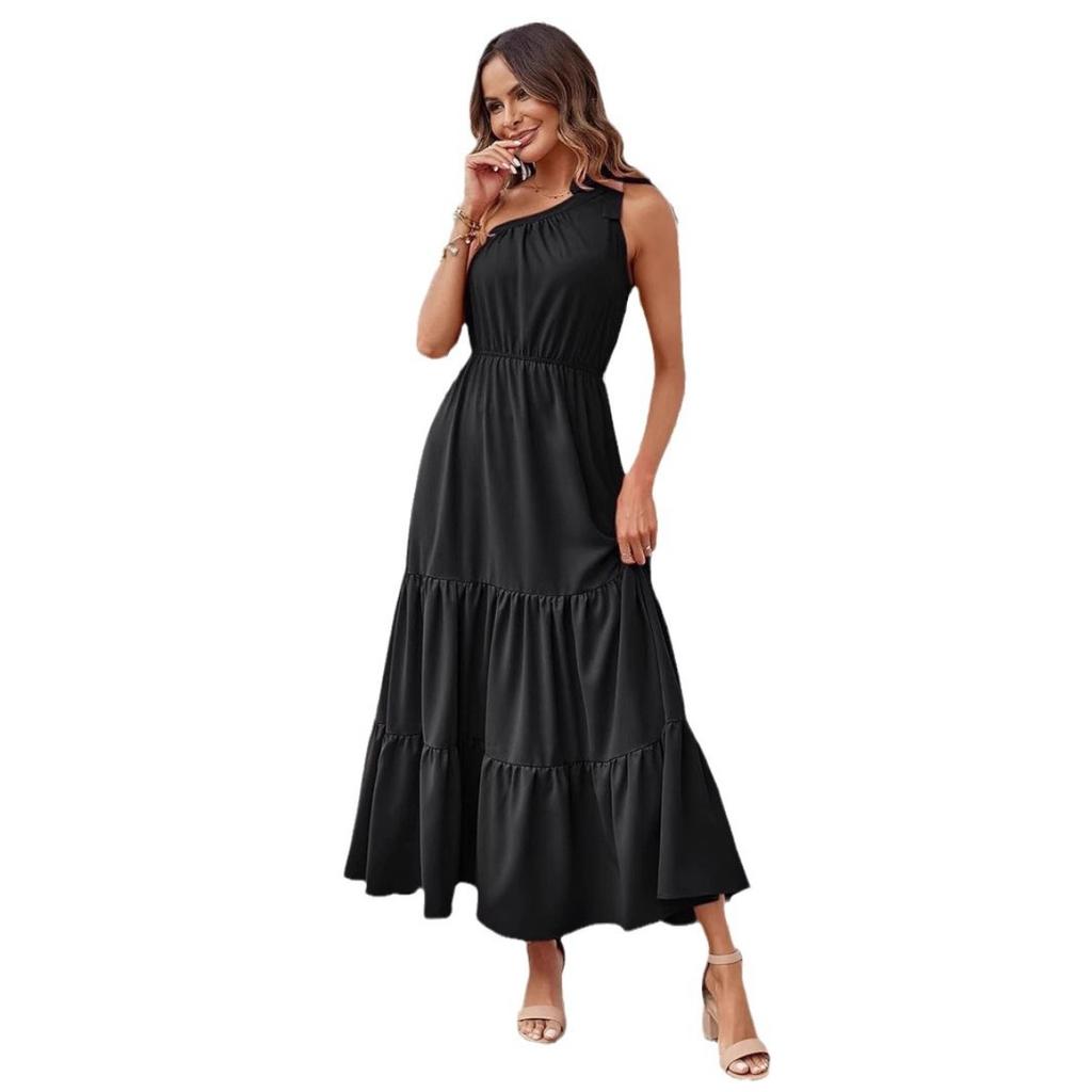New European American Style Women's Solid Color Maxi Dress, One Shoulder Sleeveless, Flowy Pleated Hem